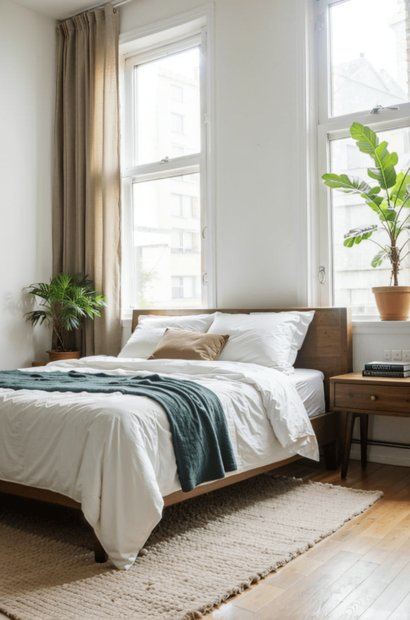 small bedroom, platform bed frame, minimalistic design, white linens, pastel walls, natural lighting-