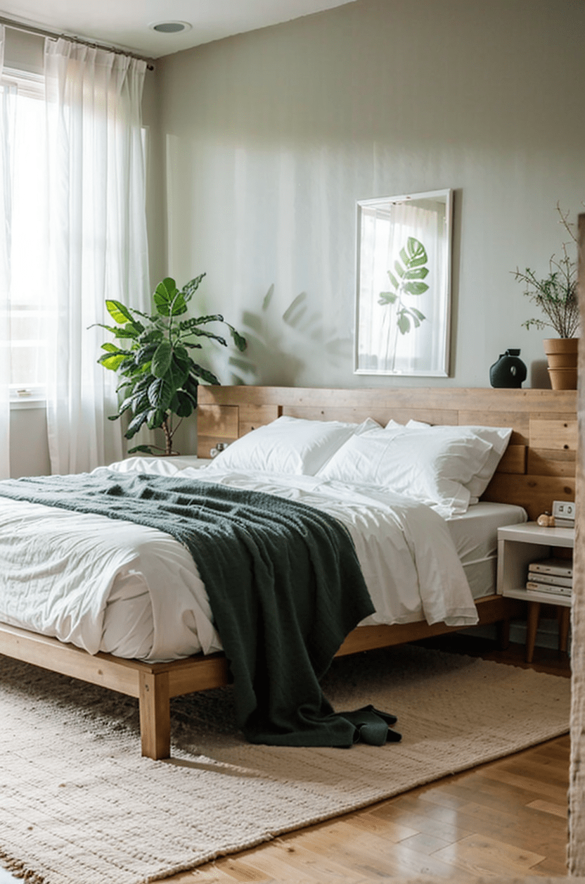 small bedroom, platform bed frame, minimalistic design, white linens, pastel walls, natural lighting.