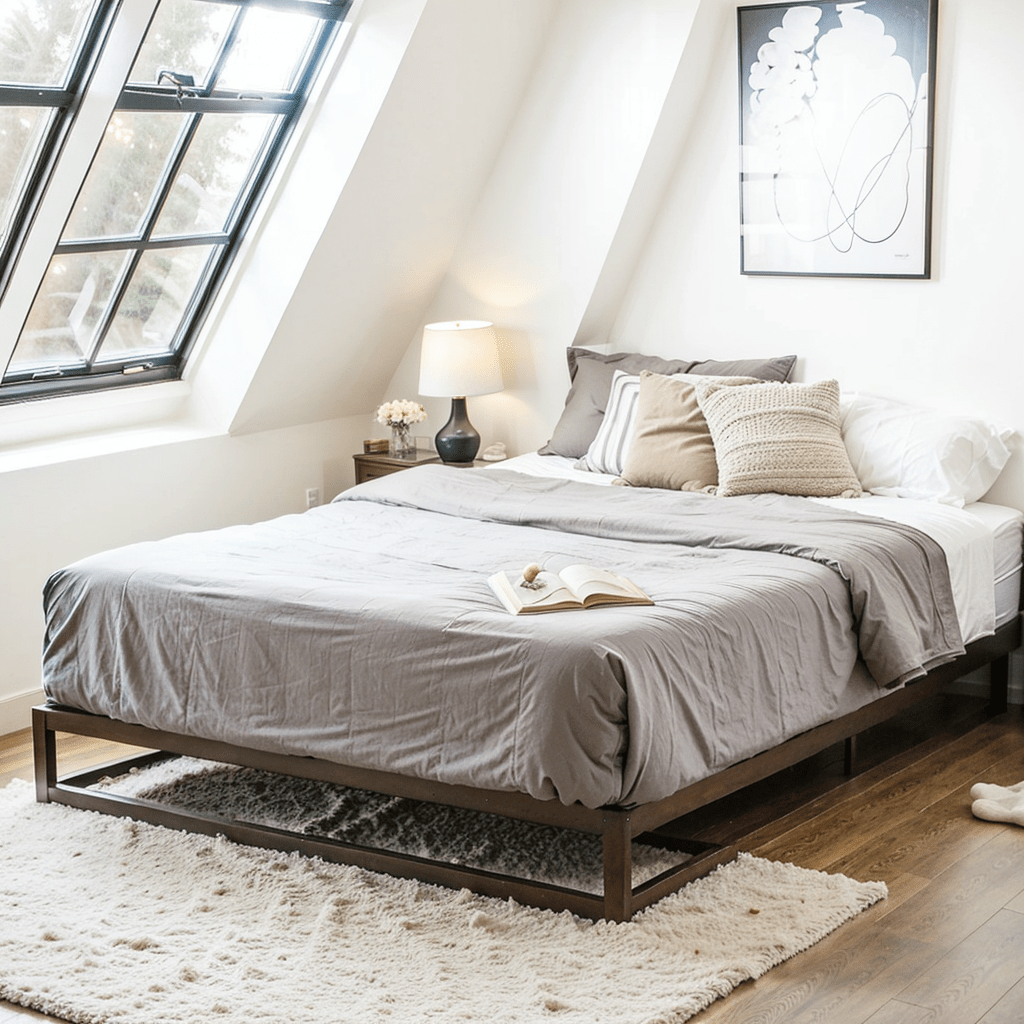 small bedroom, platform bed frame, minimalistic design, white linens, pastel walls, natural lighting