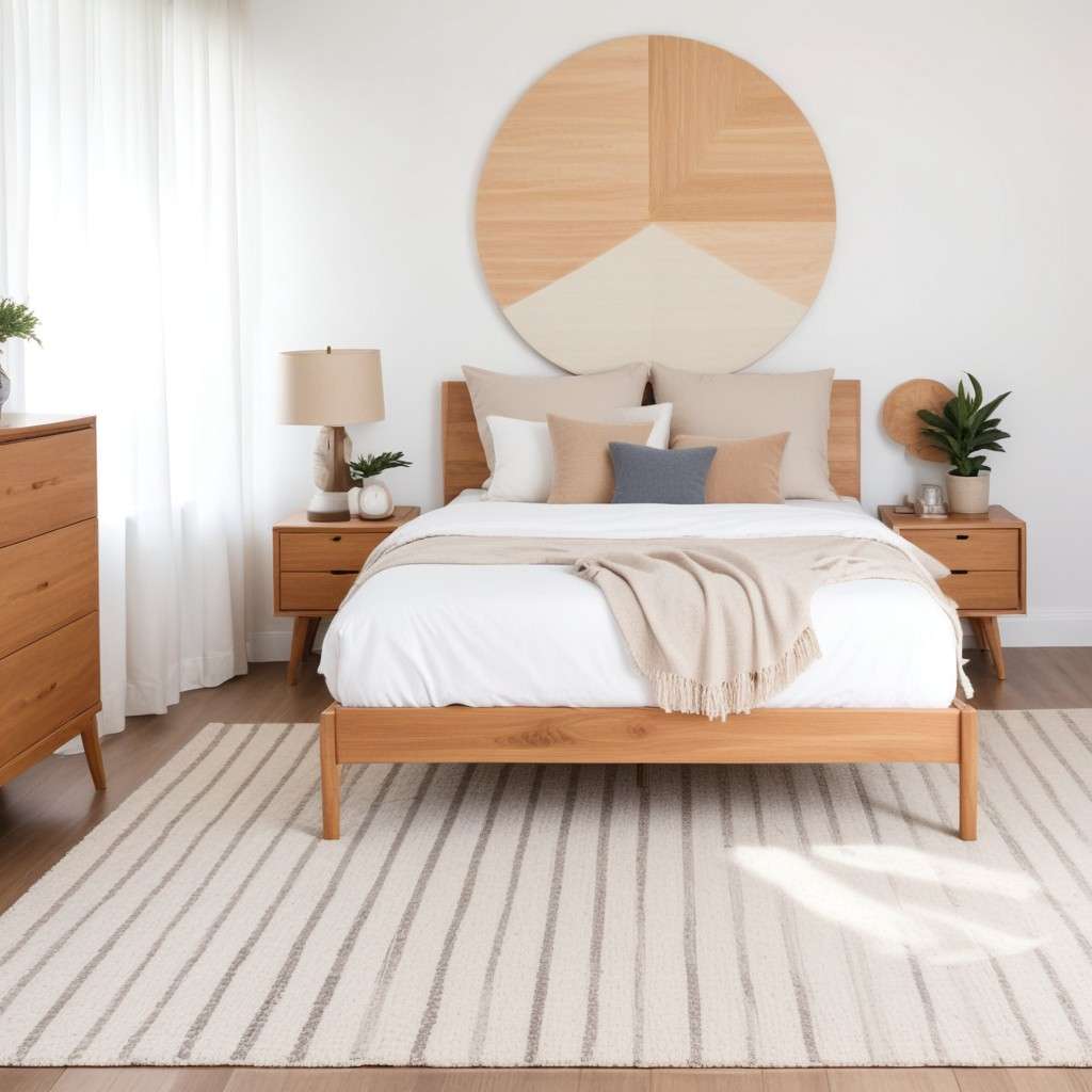small bedroom, platform bed frame, minimalistic design, white linens, pastel walls