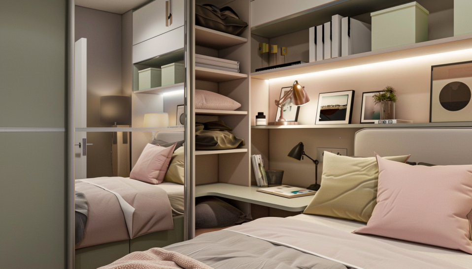 small bedroom, smart organization, mirrored furniture