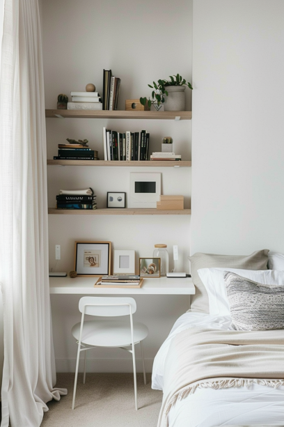 small bedroom, space maximization, wall-mounted shelves, floating shelves, interior design, minimalist furniture.