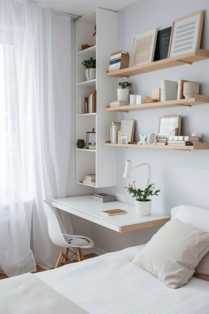 small bedroom, space maximization, wall-mounted shelves, floating shelves, interior design, minimalist furnitures