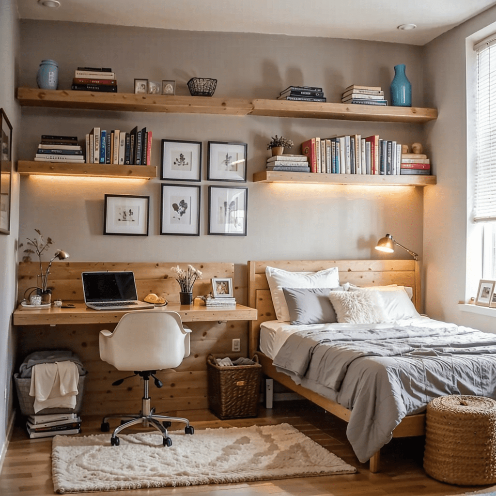 small bedroom, space maximization, wall-mounted shelves, floating shelves, minimalistic design, interior organization strategies
