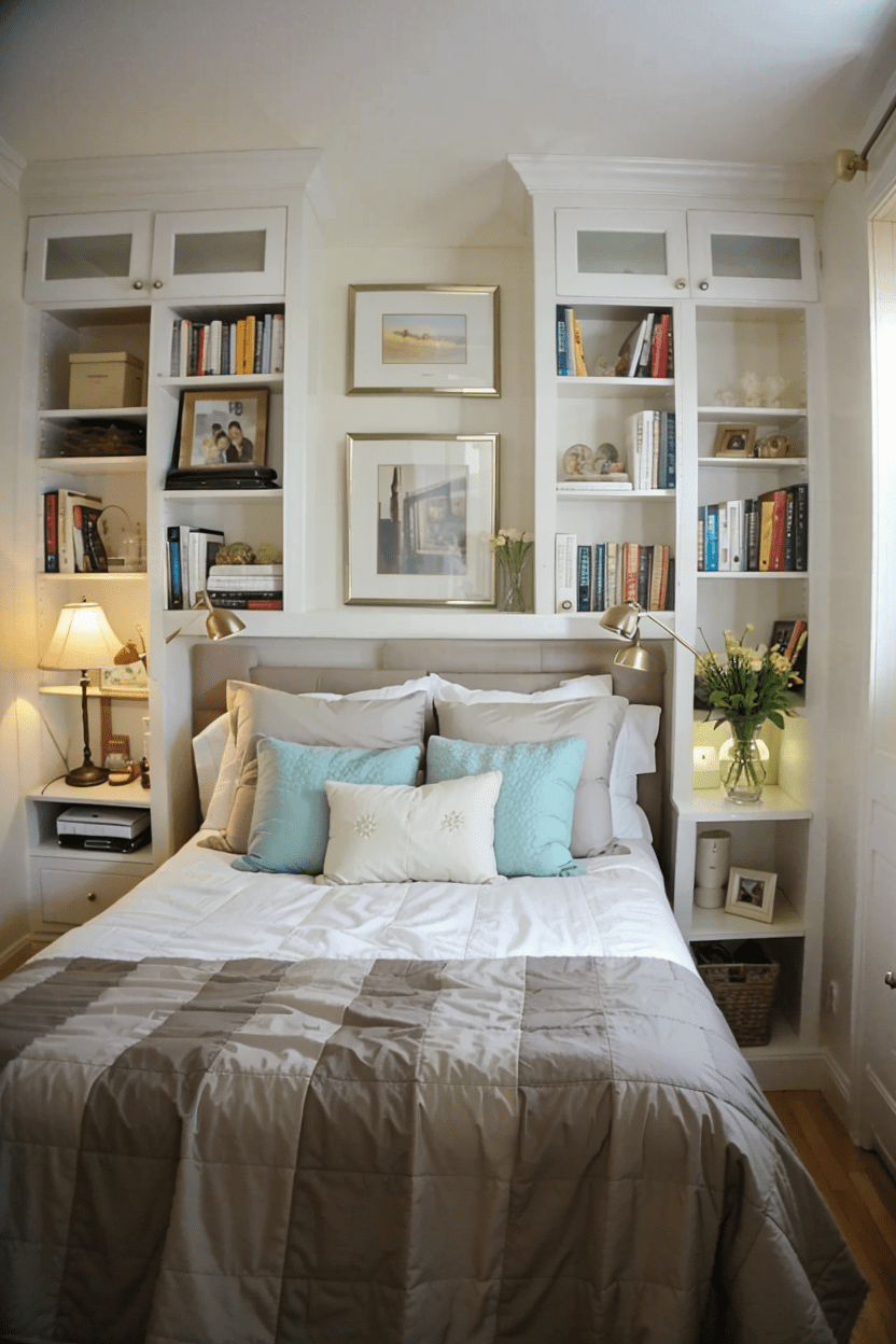small bedroom, space maximization, wall-mounted shelves, floating shelves, minimalistic design, interior organization strategies.