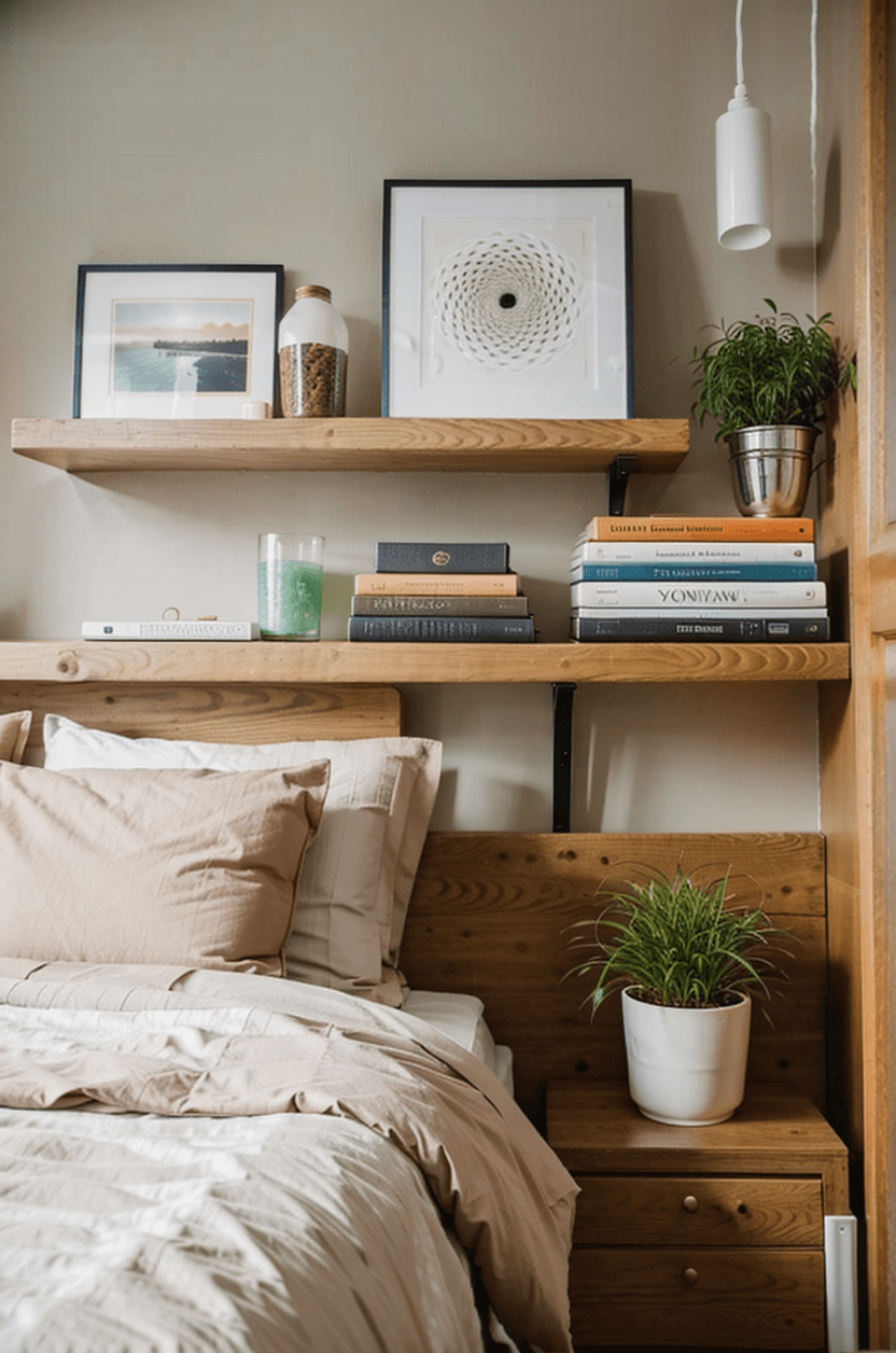 small bedroom, wall-mounted shelves, space-saving design, books, plants, natural light, cozy interior-