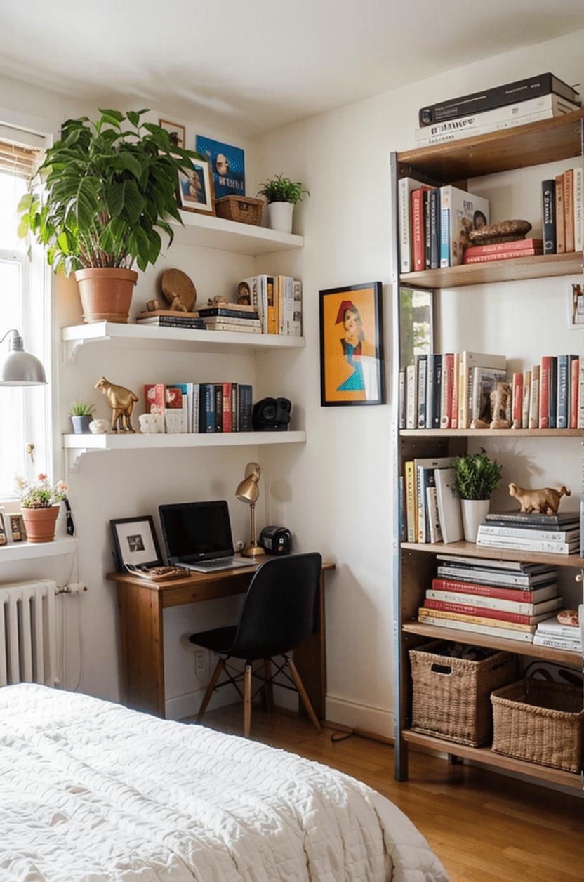 small bedroom, wall-mounted shelves, space-saving design, books, plants, natural light, cozy interior--