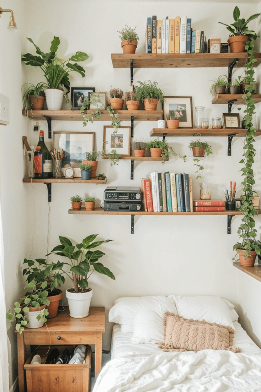 small bedroom, wall-mounted shelves, space-saving design, books, plants, natural light, cozy interior plants