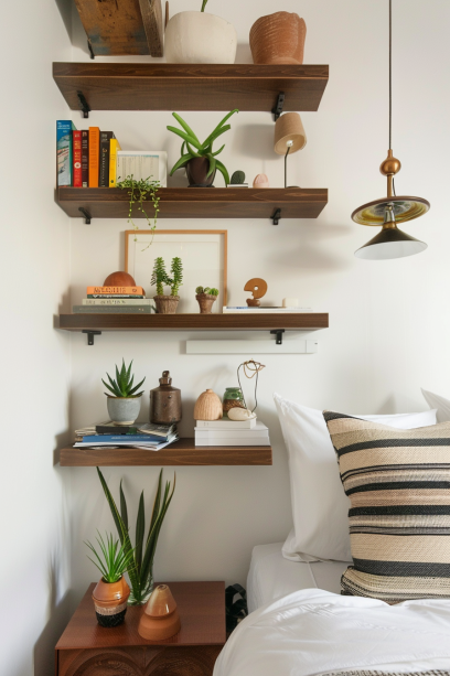 small bedroom, wall-mounted shelves, space-saving design, books, plants, natural light, cozy interior.