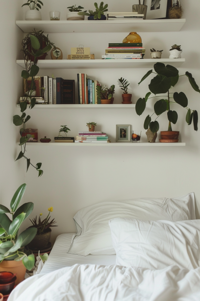 small bedroom, wall-mounted shelves, space-saving design, books, plants, natural light, cozy style