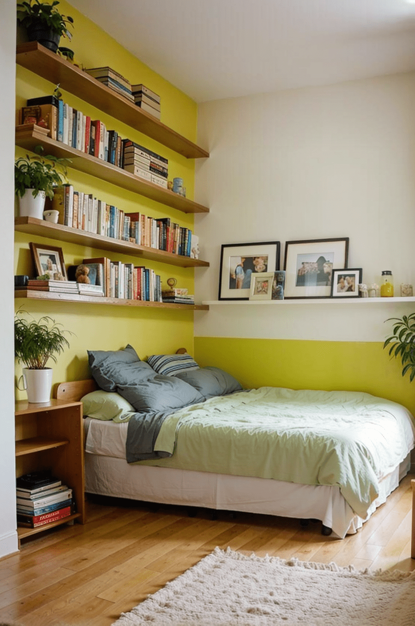 small bedroom, wall-mounted shelves, space-saving design, books, plants, natural light