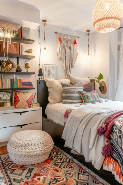 small boho bedroom, multifunctional furniture, floating shelves, organized space.
