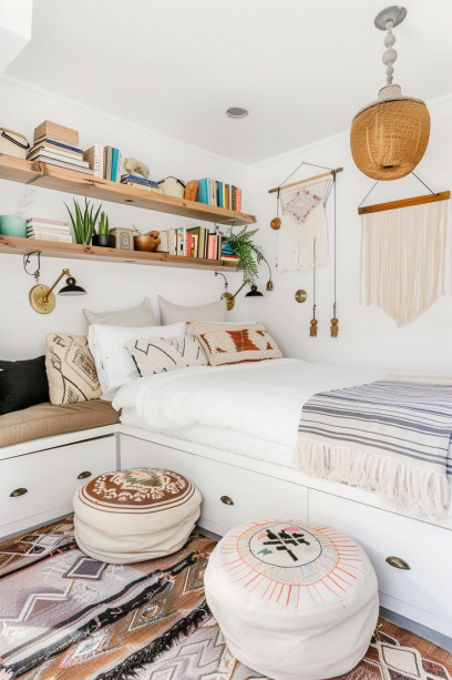 small boho bedroom, multifunctional furniture, floating shelves, organized space