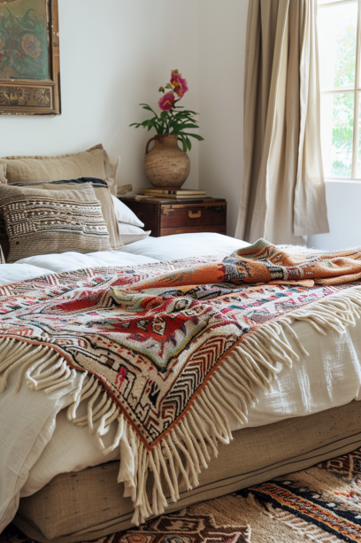 small boho bedroom, neutral palette, colorful textiles, chic, airy