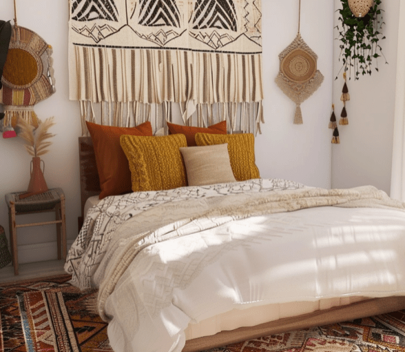 small boho bedroom, neutral palette, colorful textiles, chic, airy