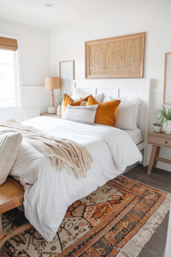 small boho bedroom, neutral palette, colorful textiles, chic, airy..