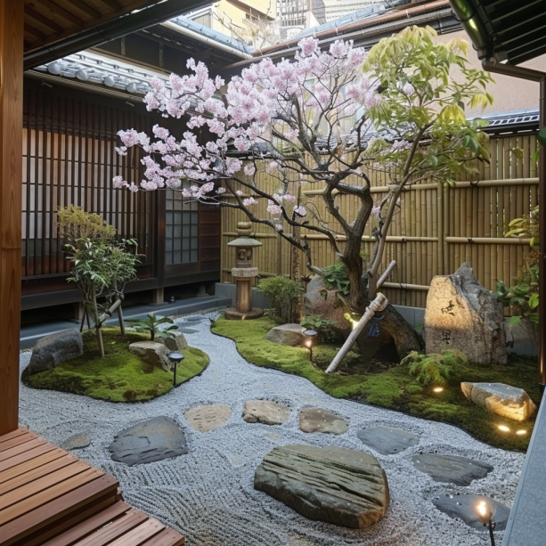small garden japanese style sakura and stones