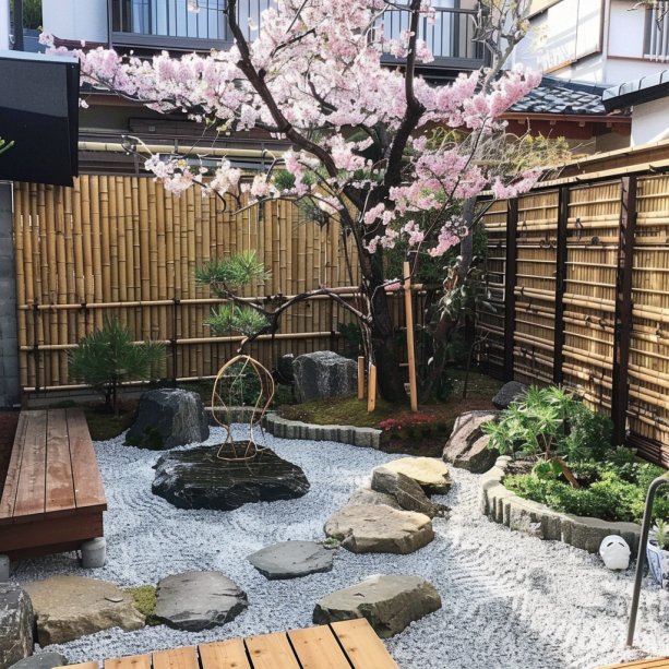 small garden japanese style sakura and stones.