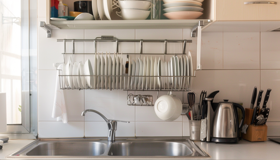 small kitchen, space-saving, over-sink drying rack, organized kitchen