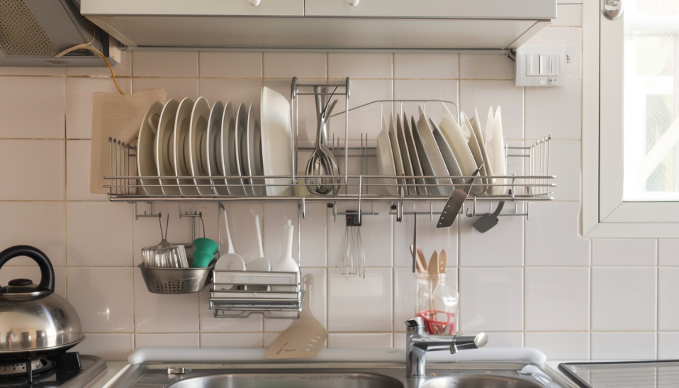 small kitchen, space-saving, over-sink drying rack, organized kitchen.