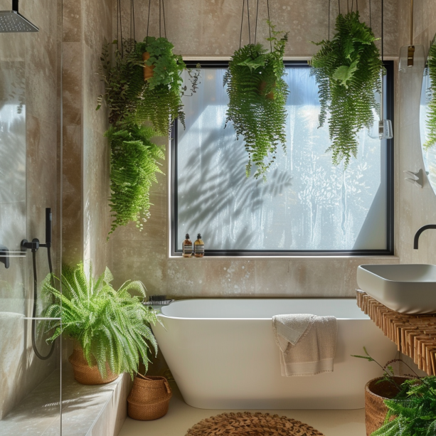 spa-like bathroom, hanging ferns, tranquil atmosphere, natural light, luxurious setting