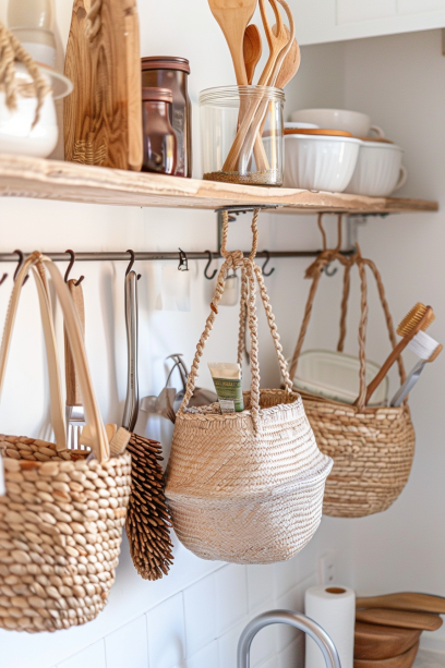 space-saving, hanging baskets, organized, storage solutions, small space