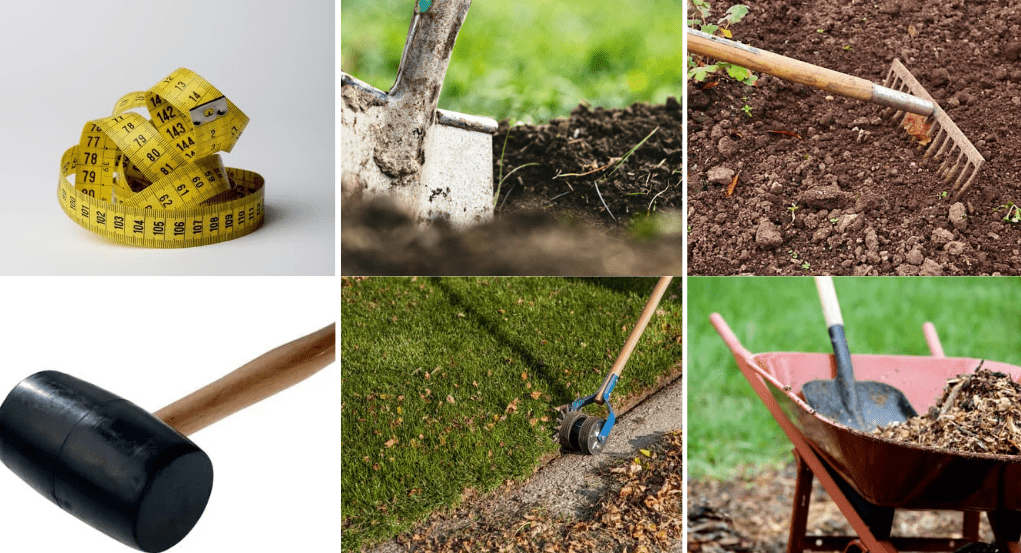 tools construction a good edge, mesuaring tape, shovel, garden rake, hammer or mallet, wheelbarrow, edging tool