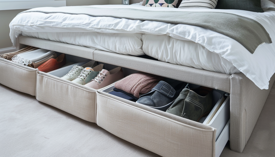 under-bed storage, space-saving, bedroom organization.