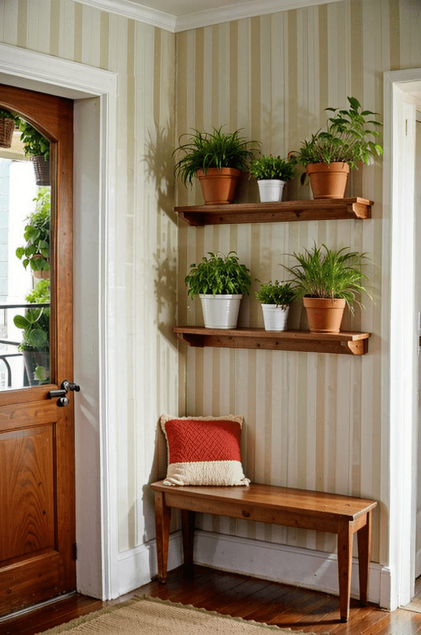 wall shelves with plants on hallway entrance