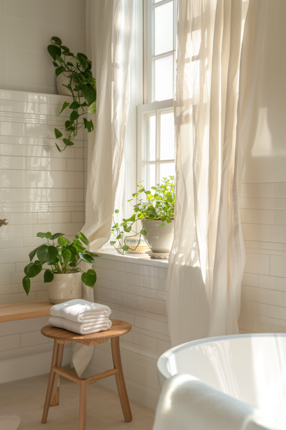 white bathroom with plant on windowsills
