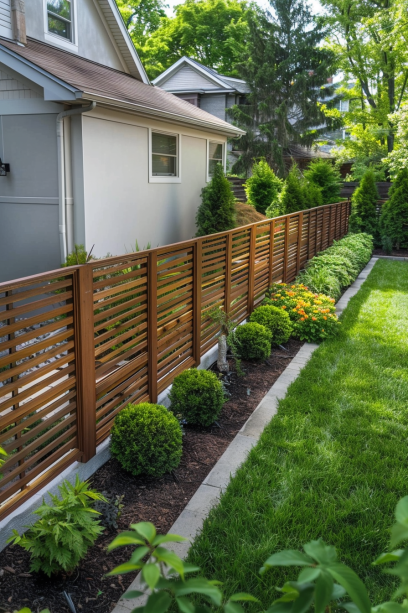 Aerial view of a backyard with a rich walnut-stained wooden slat fence providing privacy and elegance, surrounded by a well-maintained garden and a light gray home exterior