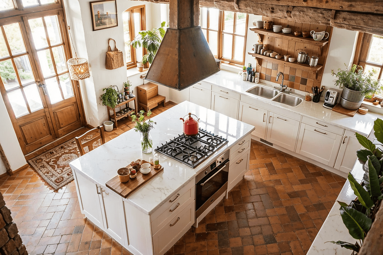Aerial view of a kitchen with classic rustic terracotta tiles adding timeless appeal and old-world Mediterranean charm