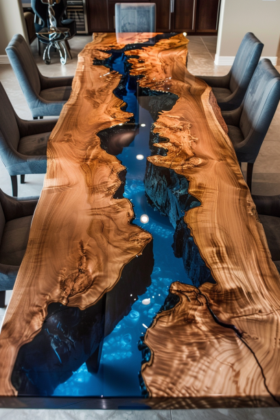 Aerial view of a live edge dining table with blue epoxy resin inlay