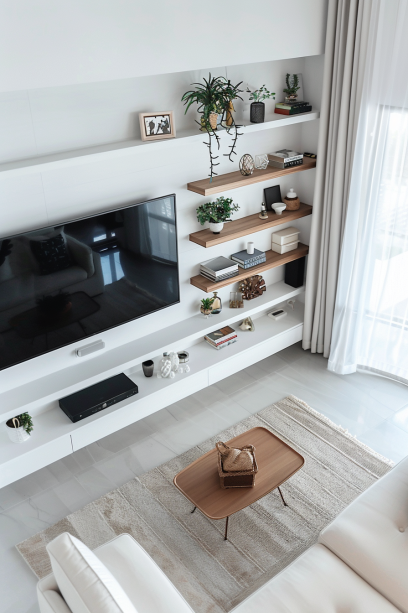 Aerial view of a modern TV wall design with floating shelves and a small white table, creating an elegant yet minimalist look in a living room