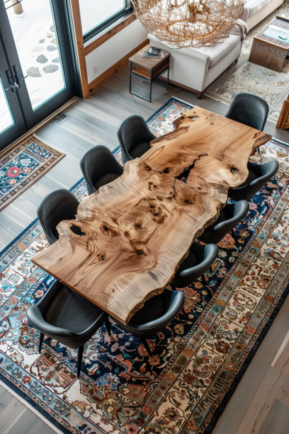 Aerial view of an American house interior featuring a live edge dining table with a textured rug