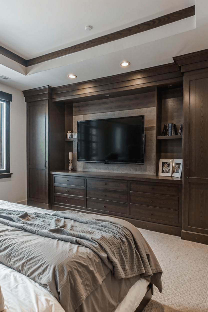 Aerial view of modern bedroom TV wall design ideas with built-in wall unit and calm aesthetic