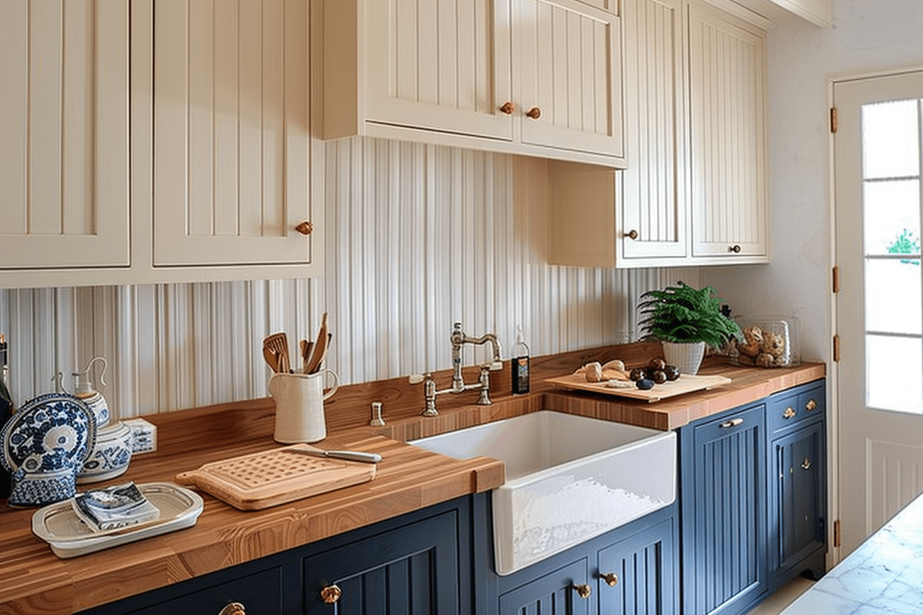 Beadboard cabinets feature vertical planks with a narrow groove