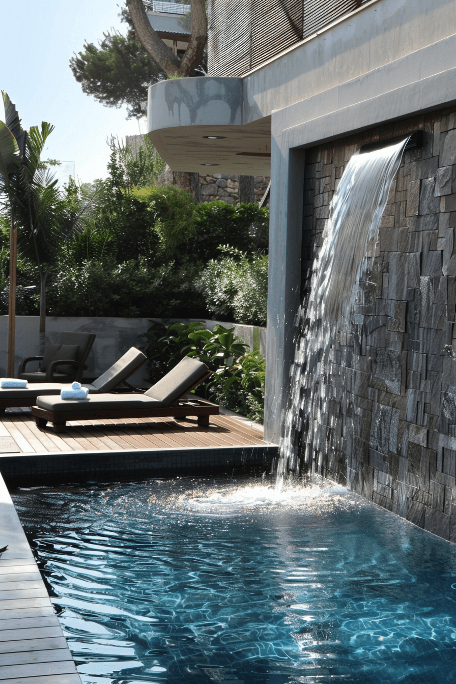 Beautifully crafted small inground pool with a blend of modern and natural stone waterfall features.