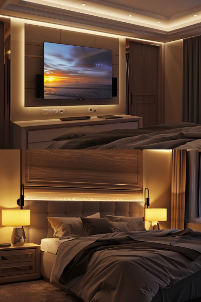 Bedroom TV wall decor with ambient lighting, neatly made bed, wall sconces, table lamps, and built-in clothes cabinets
