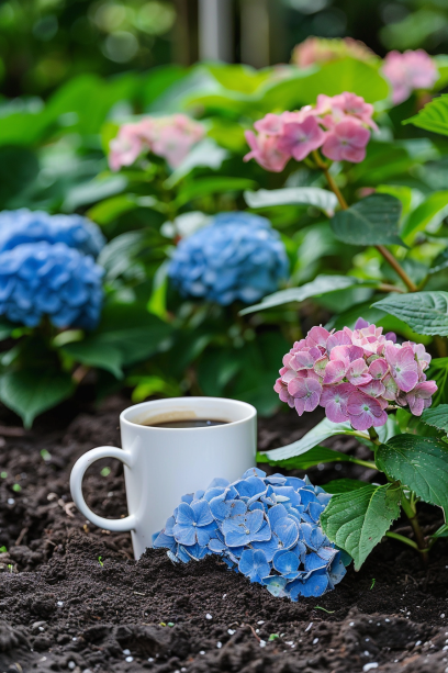 Boosting Flowering Plants hydrangeas pink and blue with coffe grounds in the garden