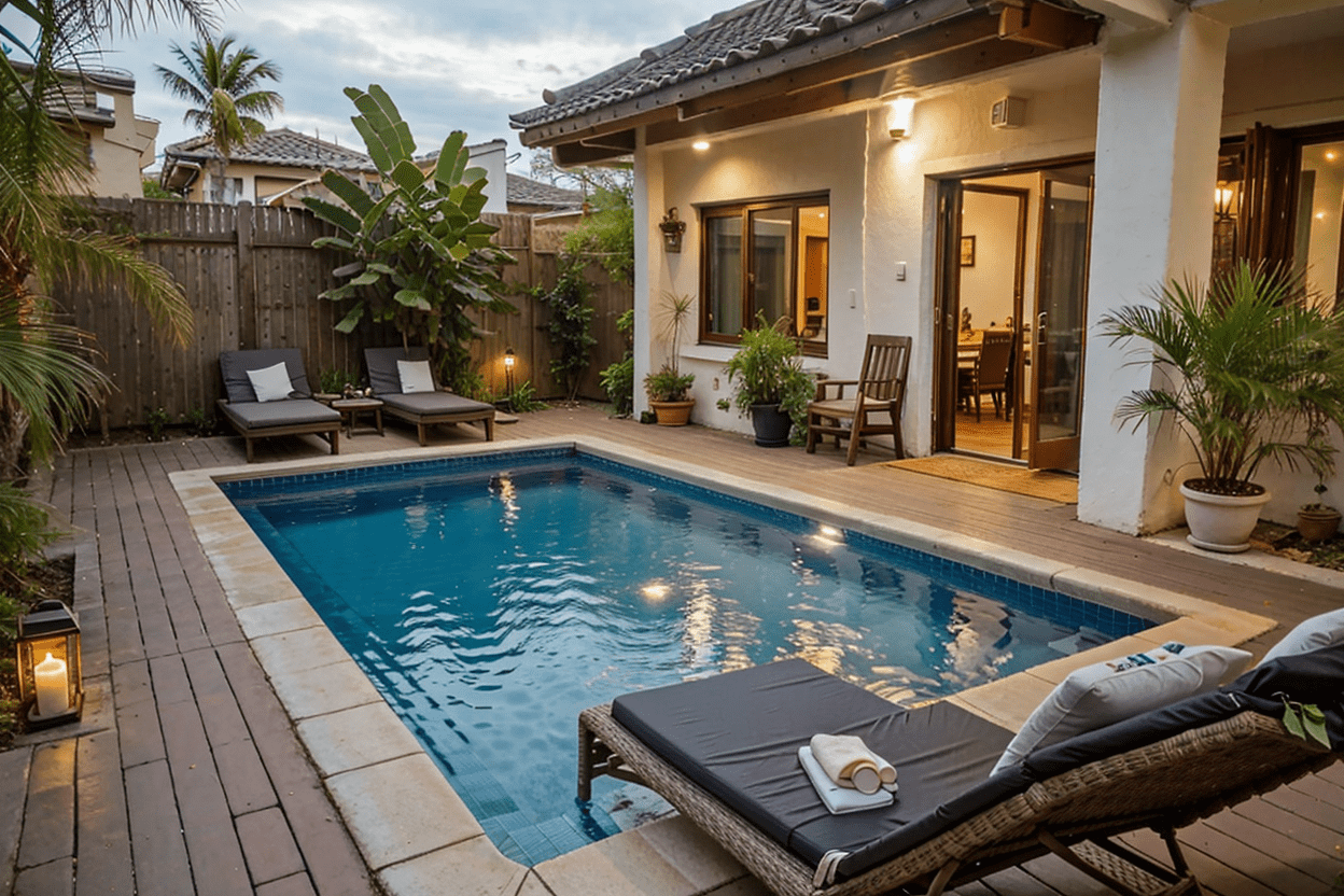 Charming small inground pool with teak deck and tropical plants