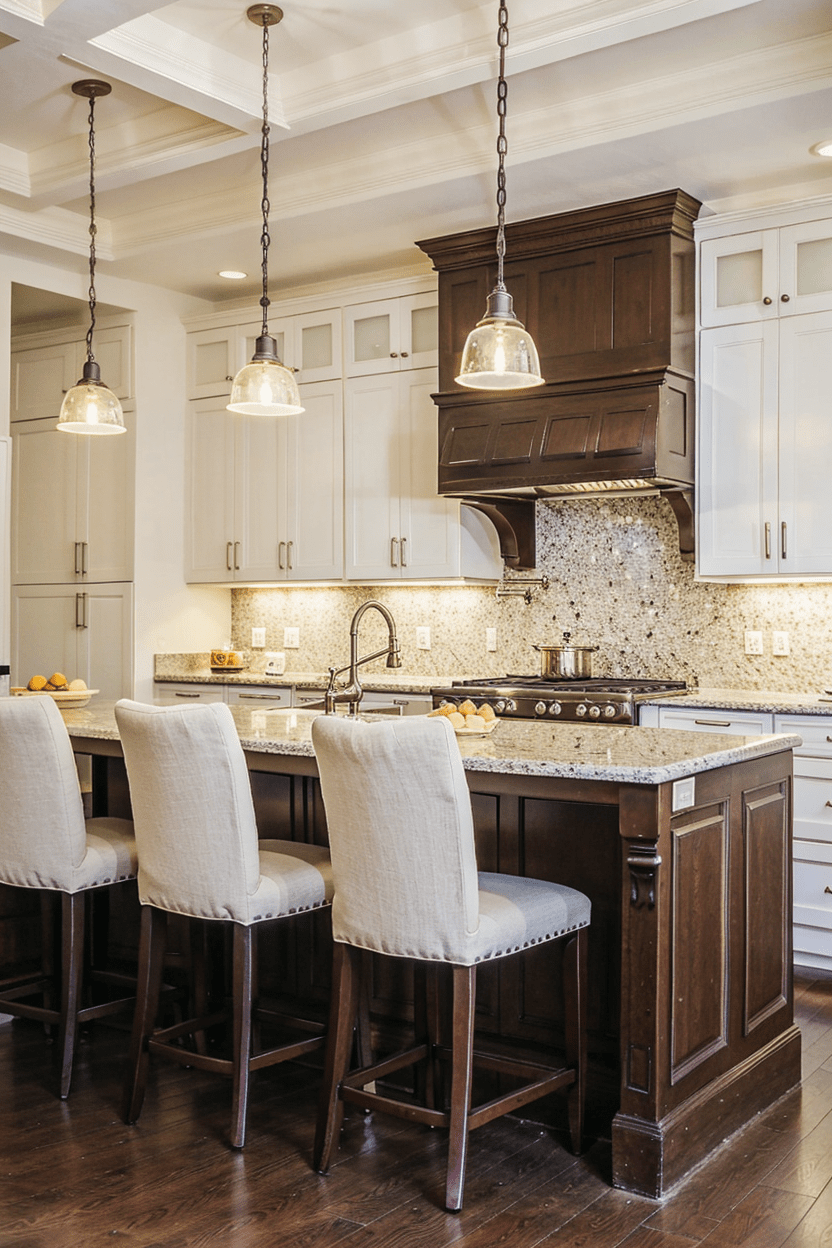 Classic kitchen with white and beige cabinets and mosaic tile backsplash