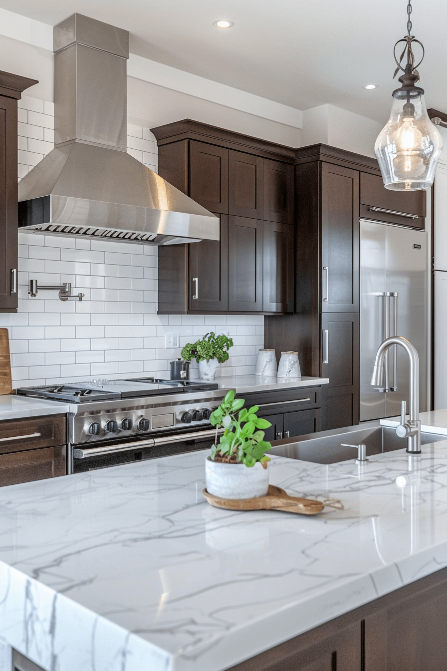 Classic kitchen with white subway tile backsplash, marble countertops, dark wood cabinets, stainless steel appliances, and central island.