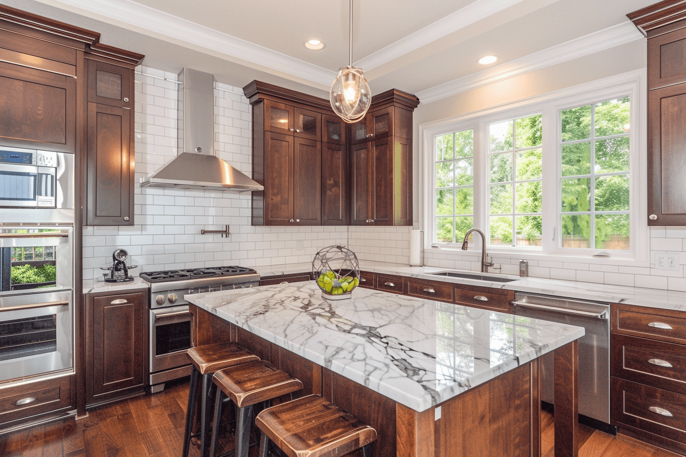 Classic kitchen with white subway tile backsplash, marble countertops, dark wood cabinets, stainless steel appliances, and central island