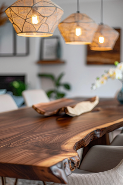 Close-Up of Live Edge Dining Table with Pendant Lights.