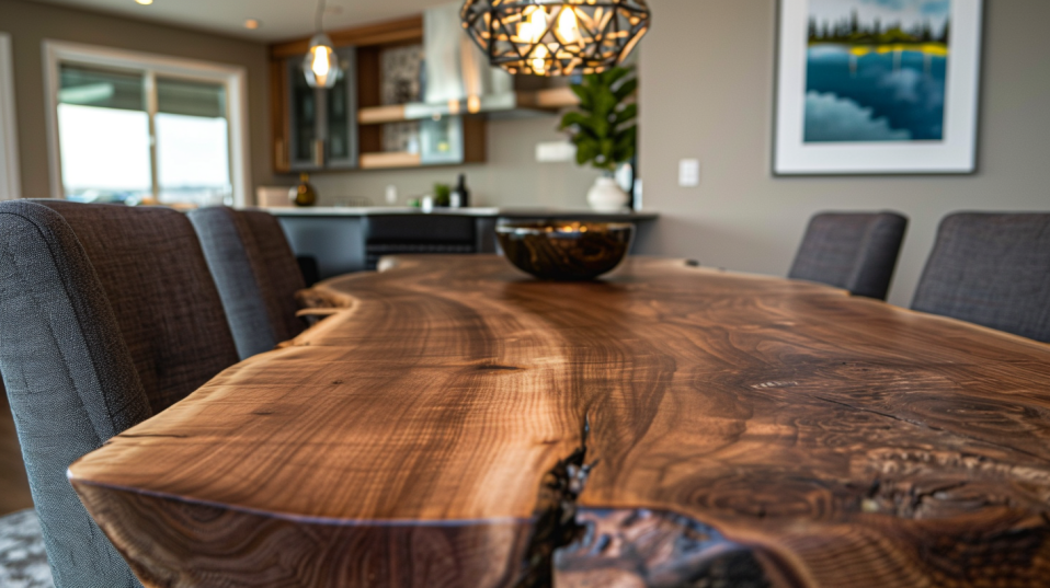 Close-Up of Live Edge Dining Table with Pendant Lights