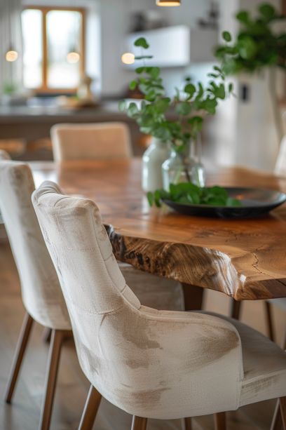 Close-up Texture of Live Edge Table and Upholstered Chairs.