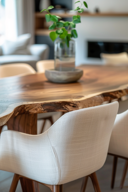 Close-up Texture of Live Edge Table and Upholstered Chairs