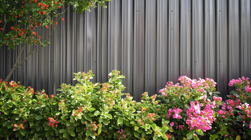 Close-up detail of a corrugated metal privacy fence in an American backyard garden, highlighting the fence's texture and industrial chic vibe