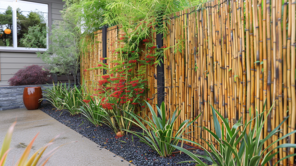 Close-up image of a reed privacy screen, detailing the texture and natural patterns, emphasizing the material's durability and aesthetic appeal for budget-friendly fences